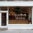 Front view, white restaurant facade with transparent windows, close door with colorful graphics and white strong typography logo from storefront mockups product.