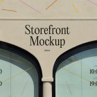Front view, part of building elevation in beige color with colorful graphics and black typography. Next to two windows with colorful graphics and black typography from storefront mockups product.