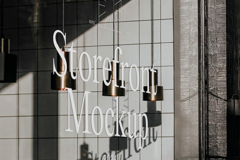 Front view, at an angle of 45 degrees, clean glass window with colorful graphics and white typography with visible shadows from storefront mockups product.