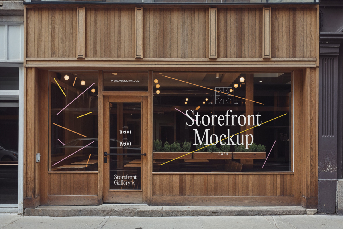 Front view, wooden restaurant facade with transparent windows, close door with colorful graphics and white strong typography logo from storefront mockups product.