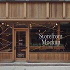 Front view, wooden restaurant facade with transparent windows, close door with colorful graphics and white strong typography logo from storefront mockups product.