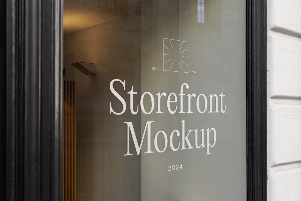 Front view, at an angle of 45 degrees, clean glass window with colorful graphics and white typography with visible shadows from storefront mockups product.