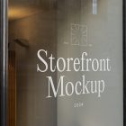 Front view, at an angle of 45 degrees, clean glass window with colorful graphics and white typography with visible shadows from storefront mockups product.