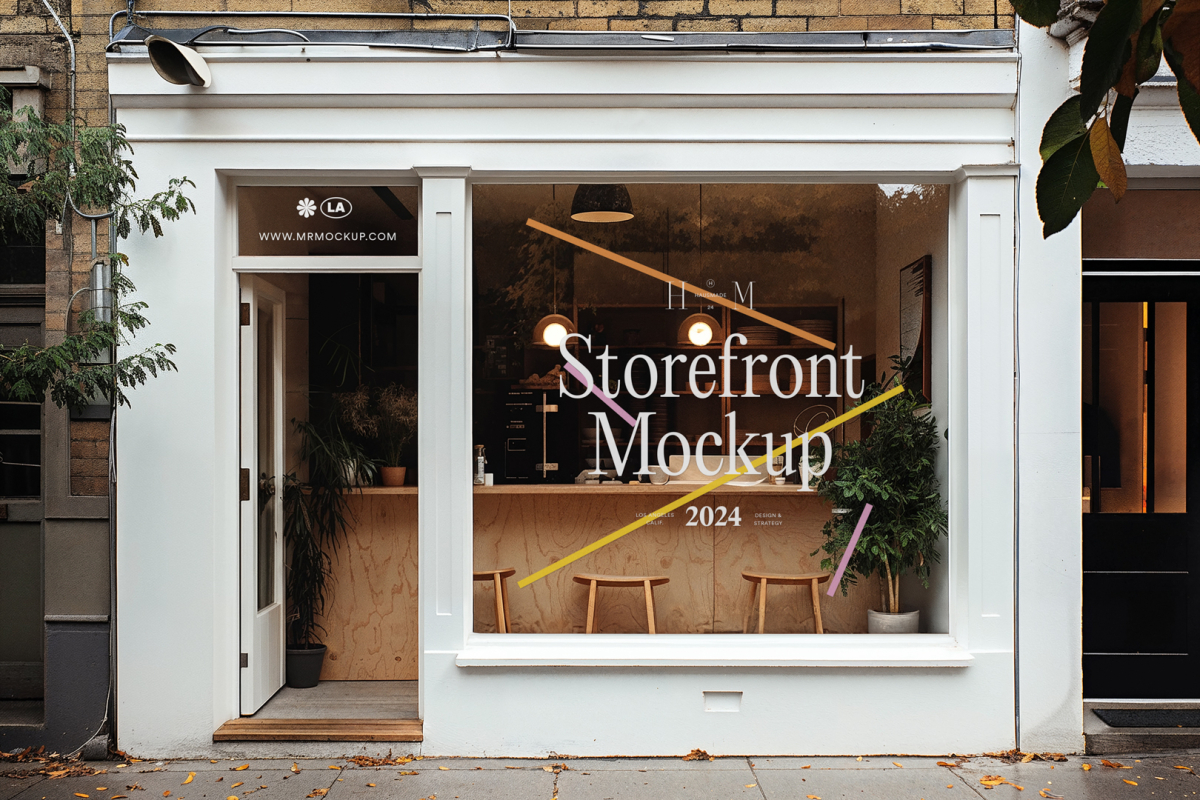 Front view, white restaurant facade with transparent windows, open door with colorful graphics and white strong typography logo from storefront mockups product.