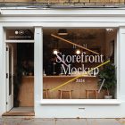 Front view, white restaurant facade with transparent windows, open door with colorful graphics and white strong typography logo from storefront mockups product.