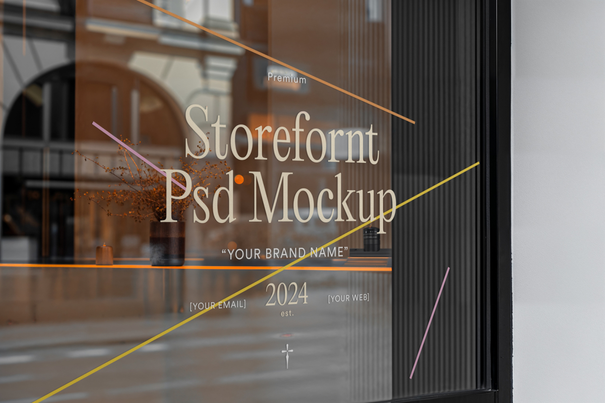Front view, at an angle of 45 degrees, clean glass window with colorful graphics and beige typography from storefront mockups product.