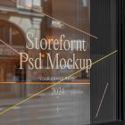 Front view, at an angle of 45 degrees, clean glass window with colorful graphics and beige typography from storefront mockups product.