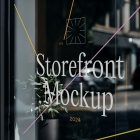 Front view, at an angle of 45 degrees, clean glass window with colorful graphics and white typography from storefront mockups product.