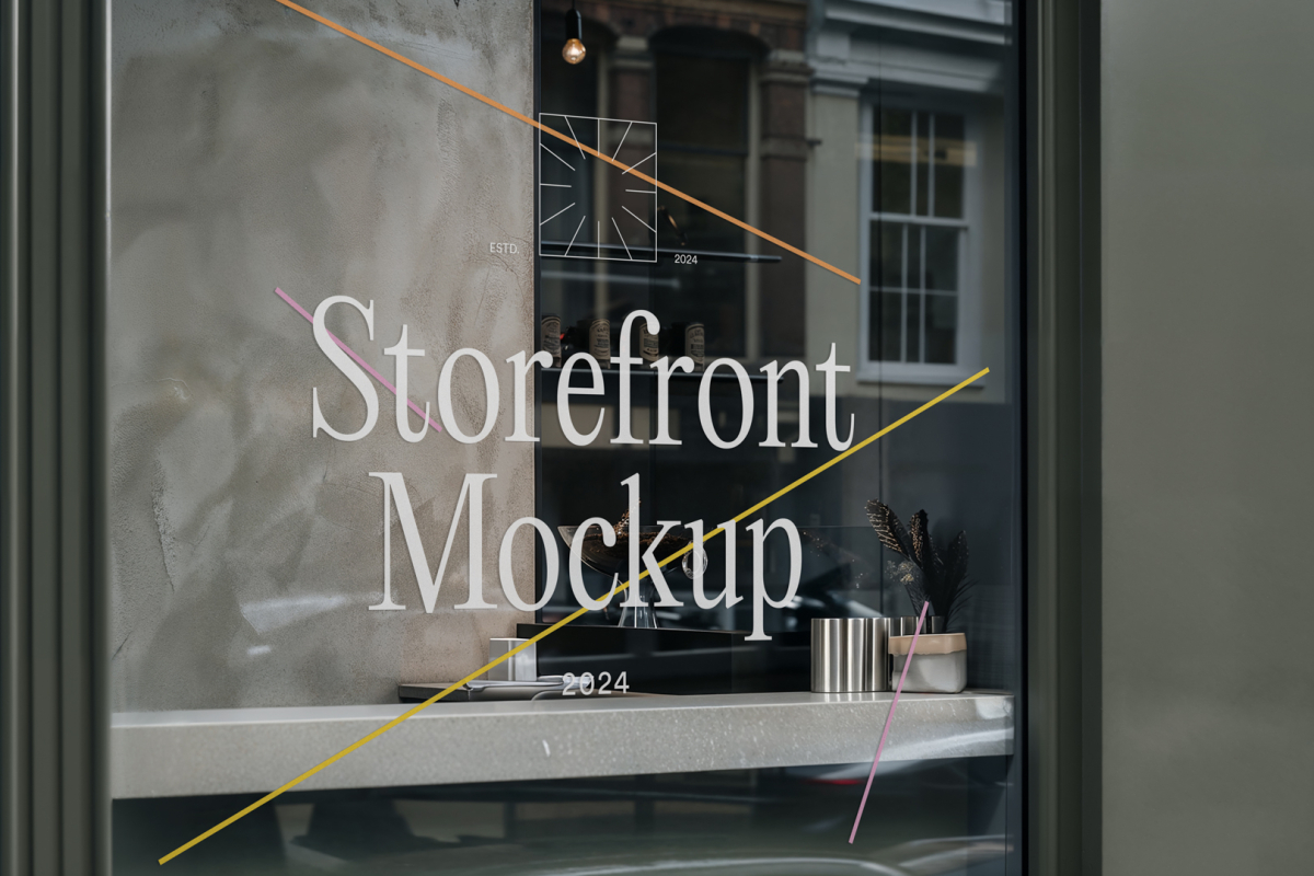 Front view, at an angle of 45 degrees, clean glass window with colorful graphics and white typography from storefront mockups product.