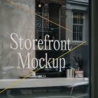 Front view, at an angle of 45 degrees, clean glass window with colorful graphics and white typography from storefront mockups product.