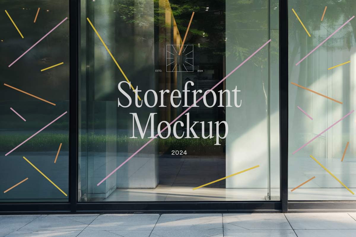 Front view, transparent display window case with colorful graphics and white typography in the building divided into three parts with black frames from storefront mockups product.