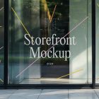 Front view, transparent display window case with colorful graphics and white typography in the building divided into three parts with black frames from storefront mockups product.