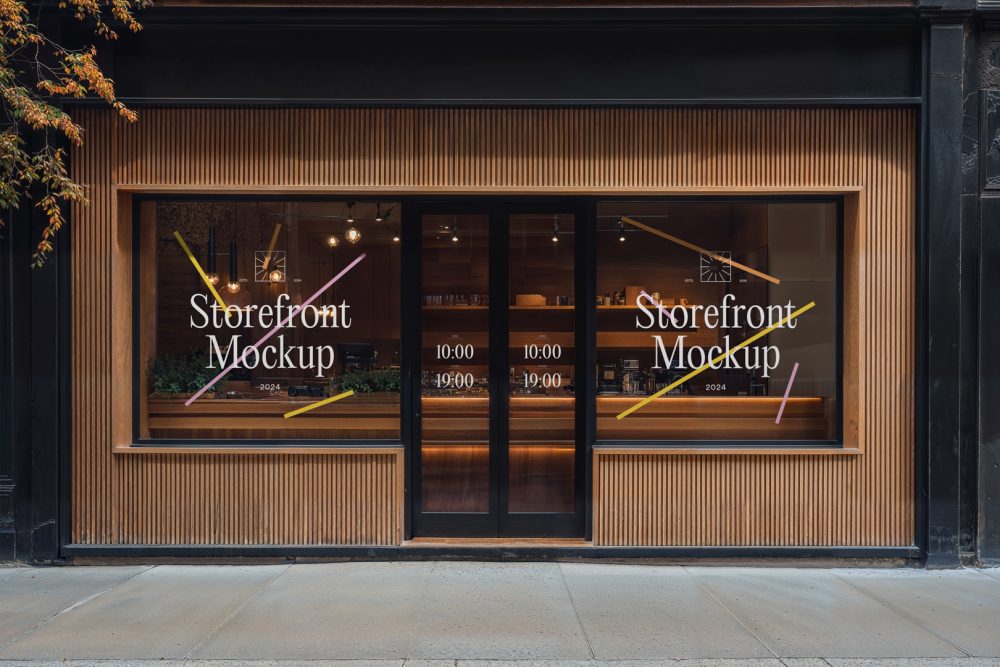 Front view, wooden restaurant facade with transparent windows, close door with colorful graphics and white strong typography logo from storefront mockups product.