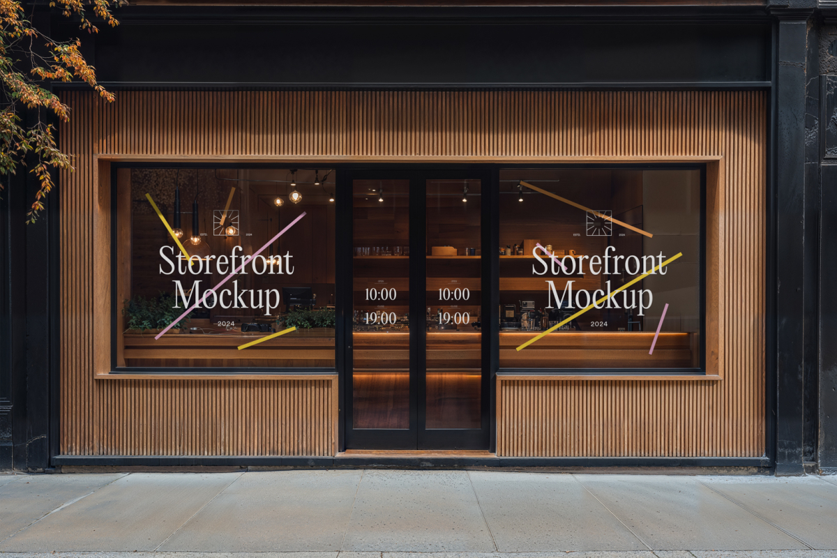 Front view, wooden restaurant facade with transparent windows, close door with colorful graphics and white strong typography logo from storefront mockups product.
