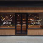 Front view, wooden restaurant facade with transparent windows, close door with colorful graphics and white strong typography logo from storefront mockups product.