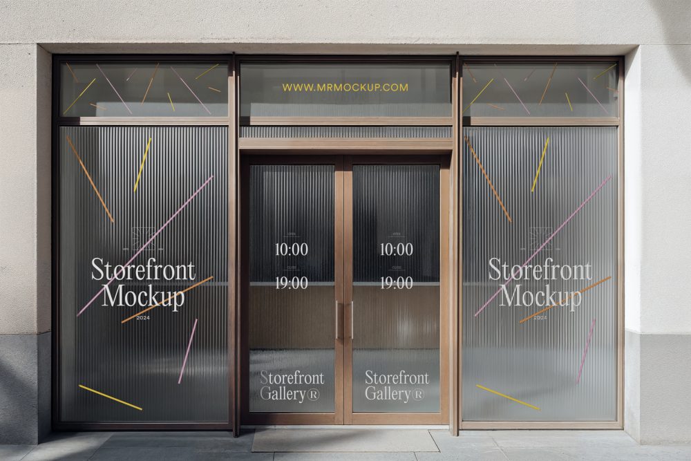 Front view, entrance to the staircase facade with brown frames, eight windows with colorful graphics and white strong typography, close glass door from storefront mockups product.