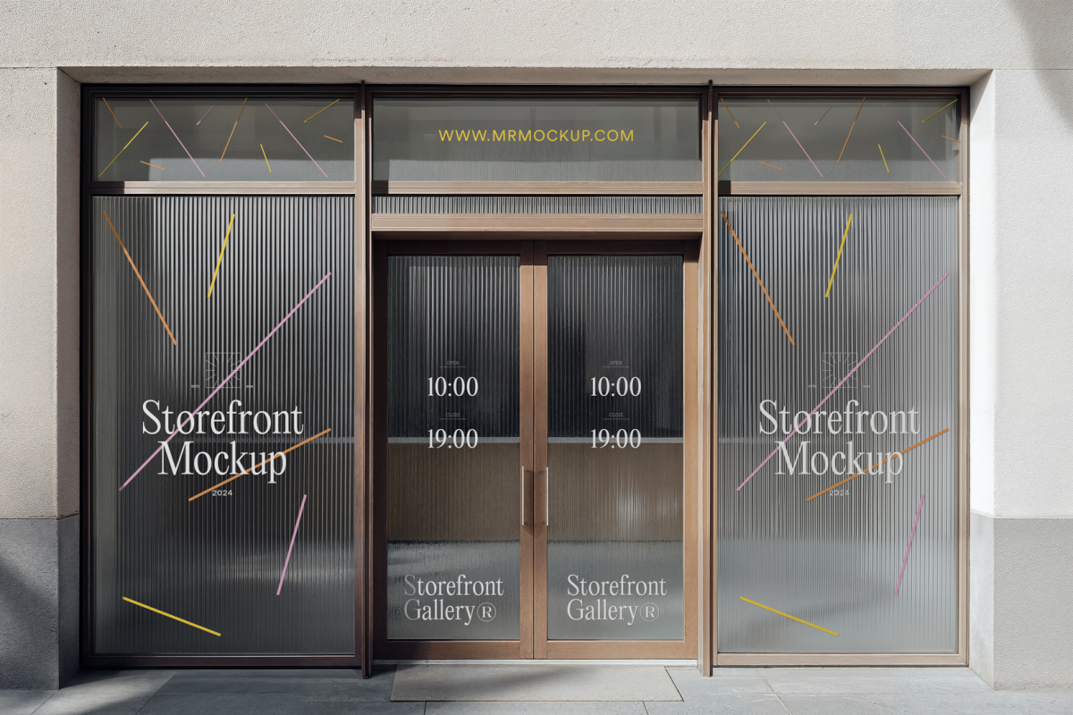Front view, entrance to the staircase facade with brown frames, eight windows with colorful graphics and white strong typography, close glass door from storefront mockups product.