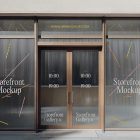 Front view, entrance to the staircase facade with brown frames, eight windows with colorful graphics and white strong typography, close glass door from storefront mockups product.