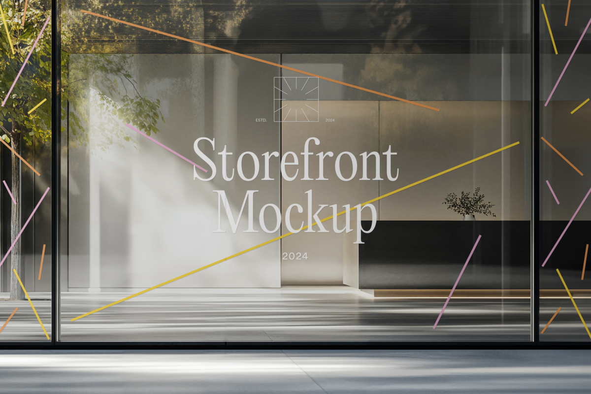 Front view, transparent display window case with colorful graphics and white typography in the building divided into three parts with black frames from storefront mockups product.