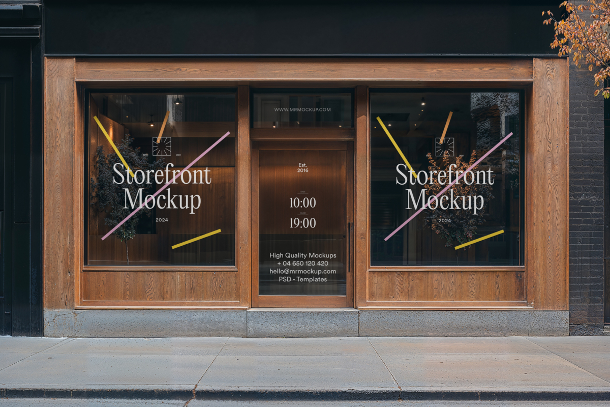 Front view, wooden restaurant facade with transparent windows and door with colorful graphics and white typography from storefront mockups product.