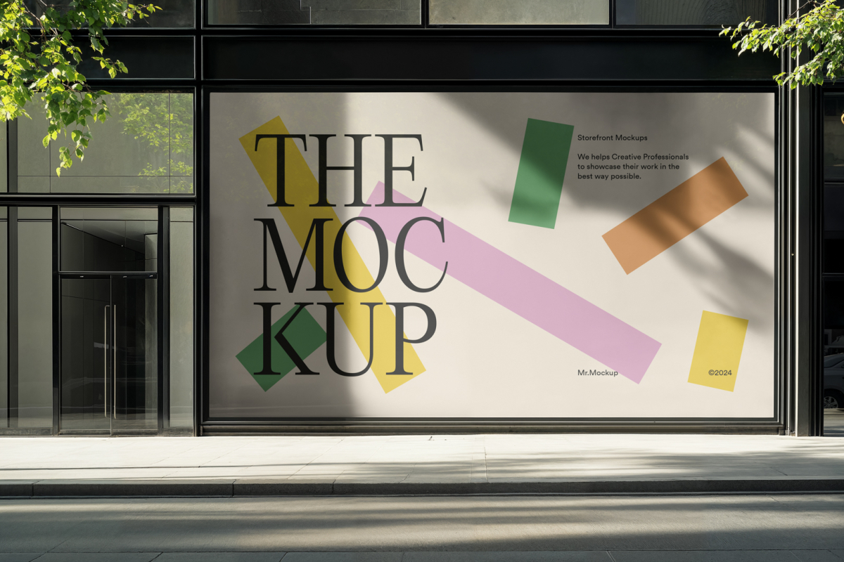 Front view, transparent window with black frames and one big rectangle with colorful graphics and black strong typography space from storefront mockups product.