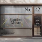 Front view, entrance to the small shop facade with brown frames, five windows with colorful graphics and black strong typography, close glass door from storefront mockups product.