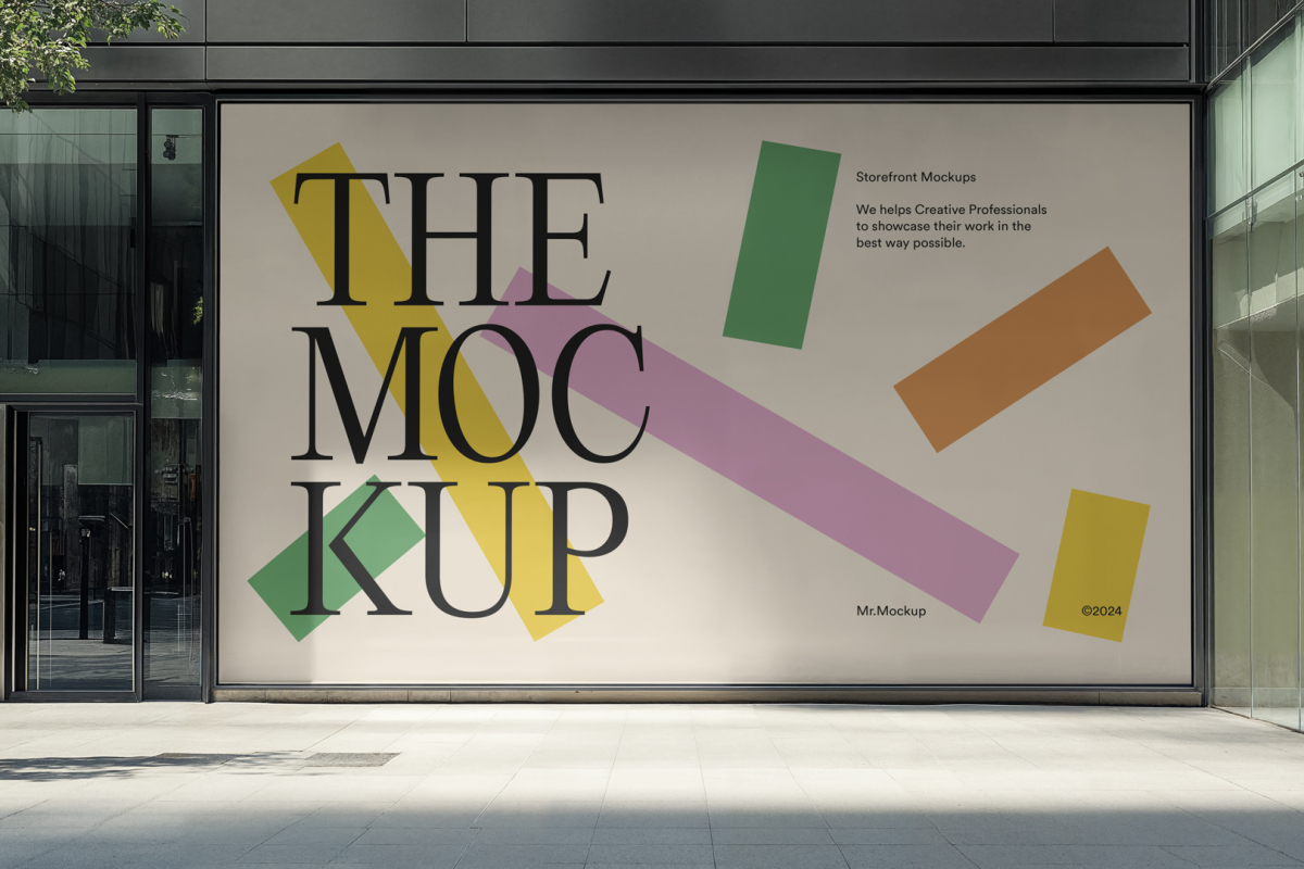 Front view, transparent window with black frames and one big rectangle with colorful graphics and black strong typography space from storefront mockups product.