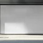 Front view, transparent window with black frames and one big white rectangle space from storefront mockups product.