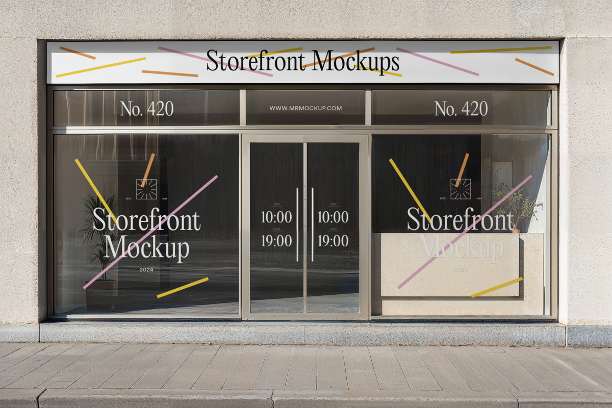Front view, entrance to the staircase facade with dark green frames, seven windows with colorful graphics and white strong typography, close glass door and one white coffer with colorful graphics and black strong typography logo from storefront mockups product.