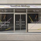 Front view, entrance to the staircase facade with dark green frames, seven windows with colorful graphics and white strong typography, close glass door and one white coffer with colorful graphics and black strong typography logo from storefront mockups product.