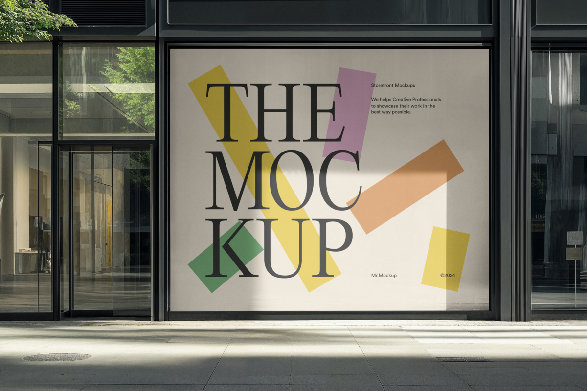 Front view, transparent window with black frames and one big rectangle with colorful graphics and black strong typography space from storefront mockups product.