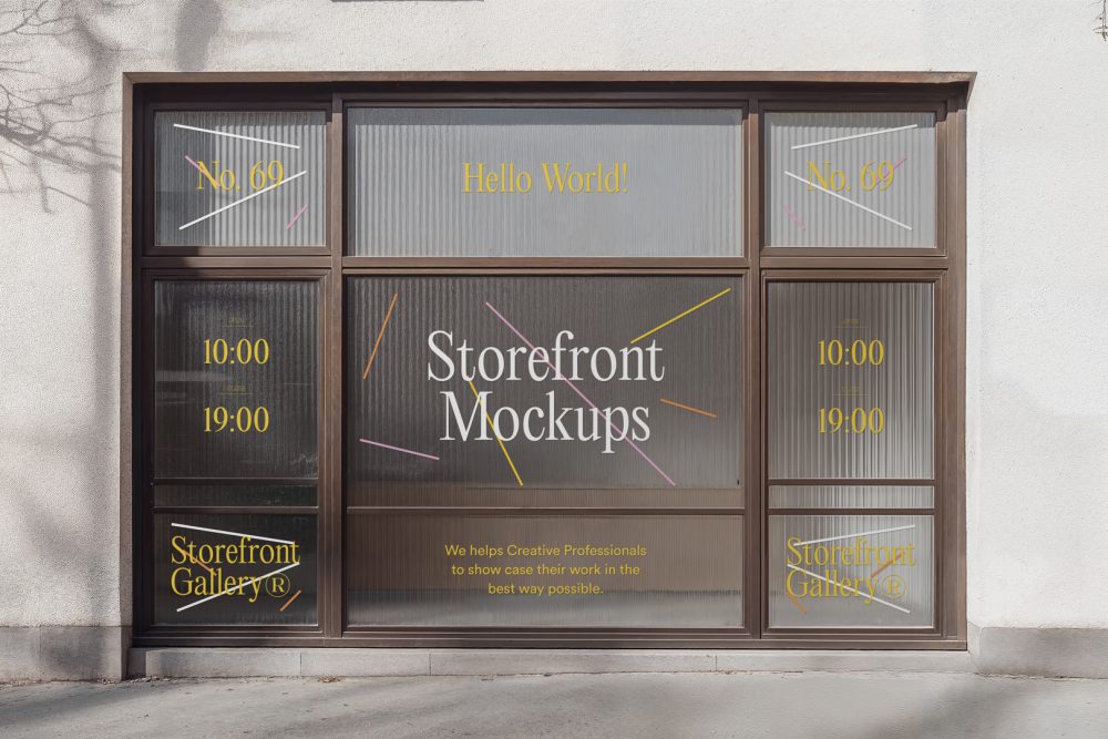 Front view, entrance to the small shop facade with brown frames, windows with colorful graphics and white strong typography, close glass door from storefront mockups product.