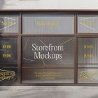 Front view, entrance to the small shop facade with brown frames, windows with colorful graphics and white strong typography, close glass door from storefront mockups product.