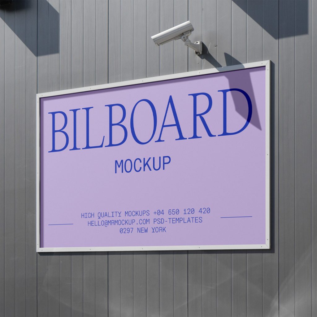 Front view, billboard mockup with a silver frame attached to the gray elevation