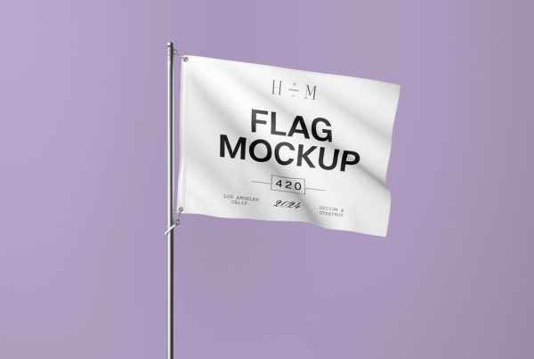 Front view, white horizontal flag mockup standing in front of the purple wall.