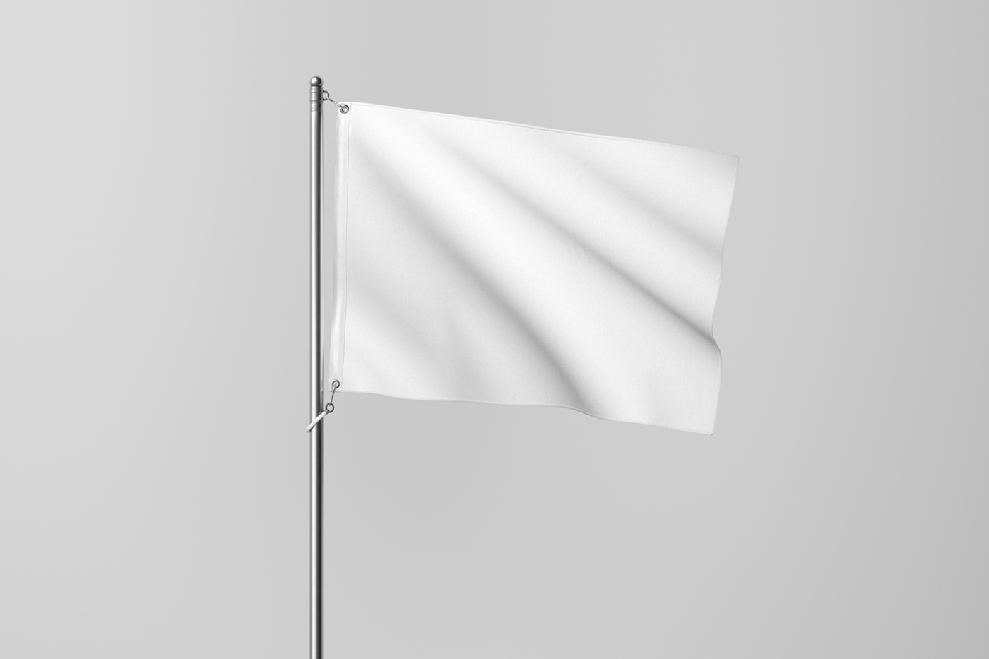 Front view, white horizontal flag mockup standing in front of the white wall.