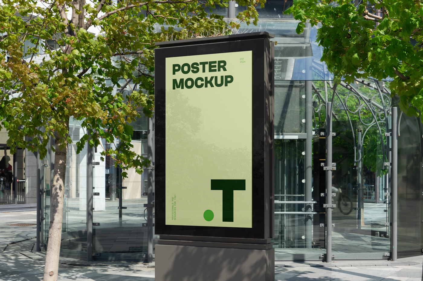 City light billboard mockup standing pedestal between the buildings in the middle of the city in the background.