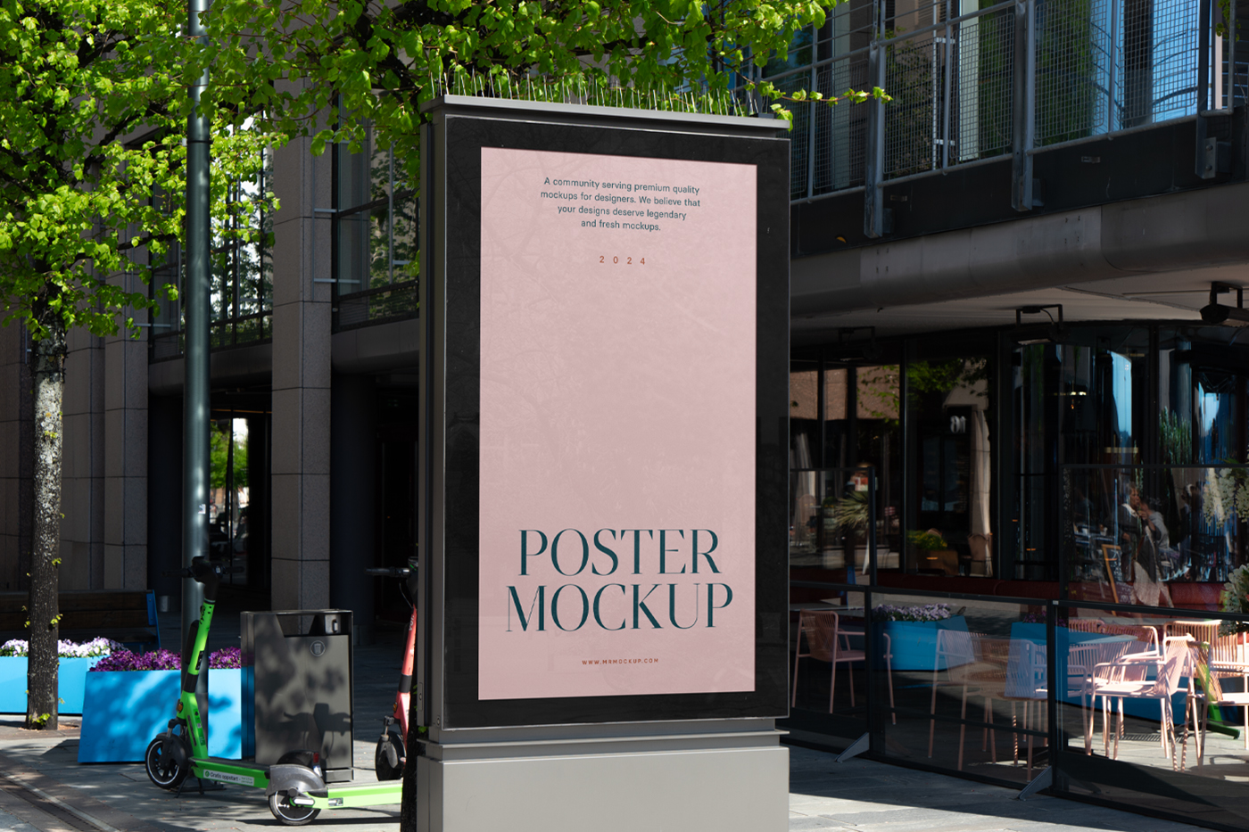 City light billboard mockup standing pedestal between the buildings in the middle of the city in the background.