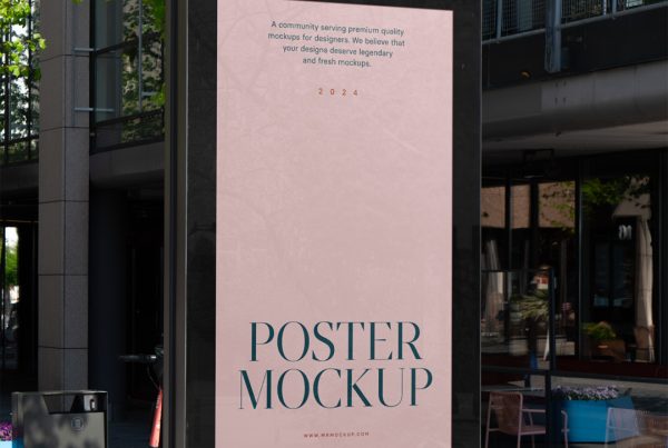 City light billboard mockup standing pedestal between the buildings in the middle of the city in the background.
