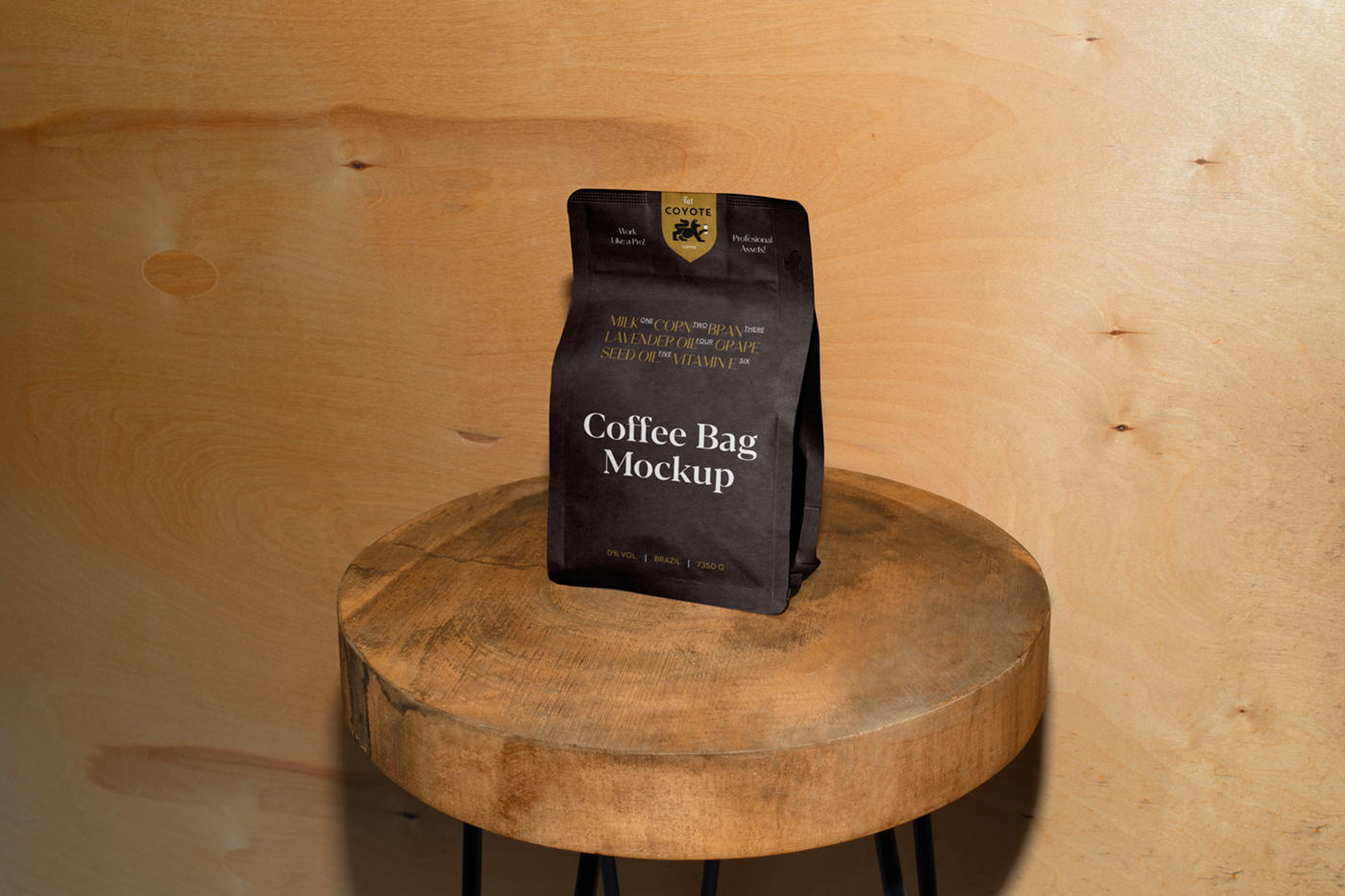 Front view, chocolate coffee bag mockup standing on the wooden stool in front of the wooden wall.