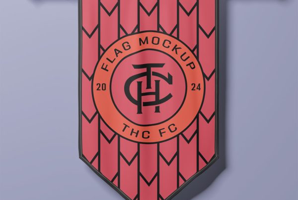 Front view, red pennant flag mockup attached to the purple wall.