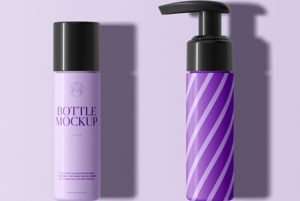 View from above, two slender ones bottle mockups laying on the purple floor.