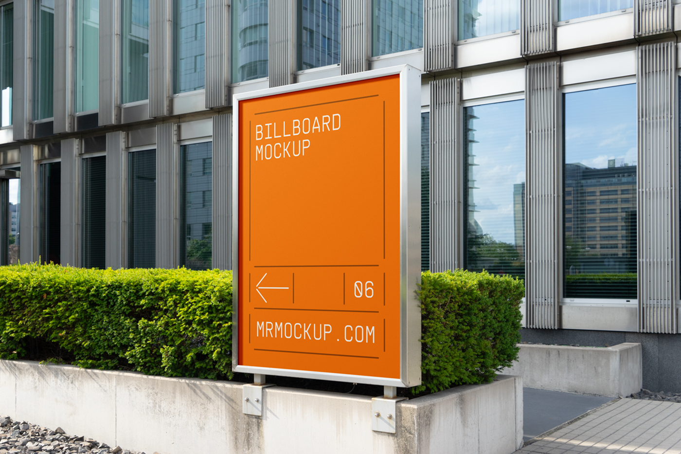 Front view, orange billboard mockup with silver color metal frame attached to the concrete fence in front of the building.