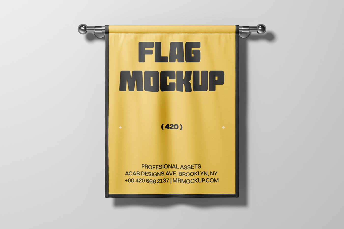 Front view, yellow pennant flag mockup attached to the gray wall.