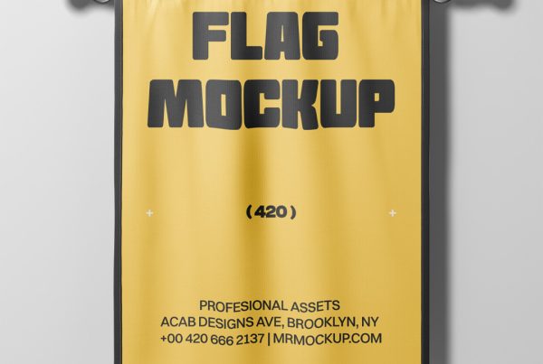 Front view, yellow pennant flag mockup attached to the gray wall.