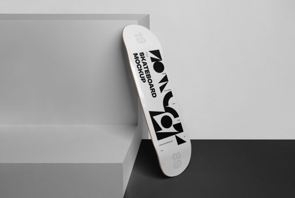 Front view, white skateboard mockup based on gray cubic.