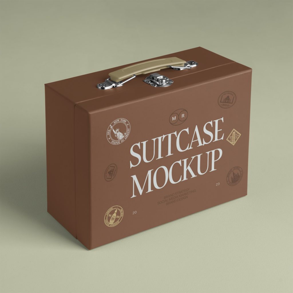 Front view, vintage suitcase box mockup standing on the green floor.
