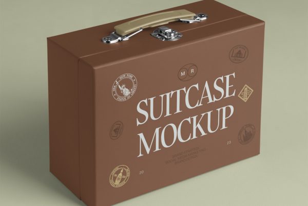 Front view, vintage suitcase box mockup standing on the green floor.
