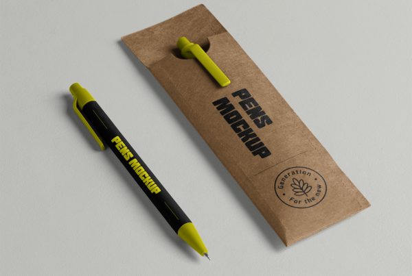 View from above, two pens with case mockup laying on the floor.
