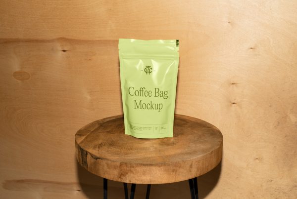 Front view, green coffee bag mockup standing on the wooden stool in front of the wooden wall.